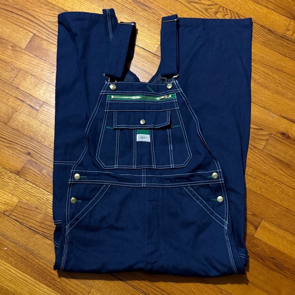 Liberty Dark Blue Overalls with Green Details. 30x30